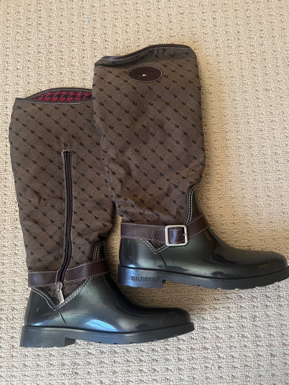 Tommy Hilfiger Brown Patterned Knee-High Rain Boots with Buckle